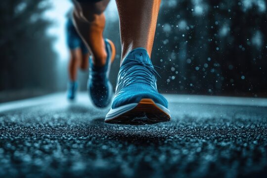 Close-up of a runner's foot wearing blue running shoes splashing water on a wet asphalt road during a rainy outdoor run with another runner blurred in the background