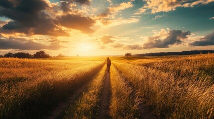Obraz premium Person walking on path through golden grassy field during sunset with cloudy skies