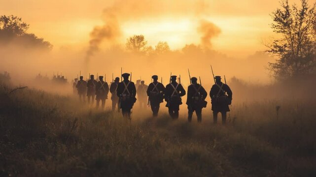 A historical scene depicting soldiers marching through a foggy landscape at sunrise. The dramatic atmosphere captures the essence of past battles and military history.