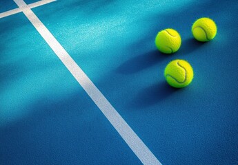 Three bright yellow tennis balls on a vibrant blue tennis court surface with a white boundary line casting soft shadows