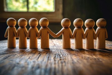 Row of eight wooden humanoid figures holding hands on a rustic wooden surface with natural light coming through a window in the background symbolizing unity and togetherness