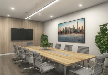 Fototapeta premium Modern conference room with neutral tones, featuring a large meeting table, comfortable seating, and a city skyline artwork. A flat-screen monitor is mounted on the wall