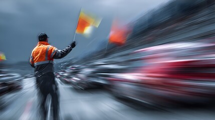 A race marshal waves the flags as the cars speed past on a racing circuit track.