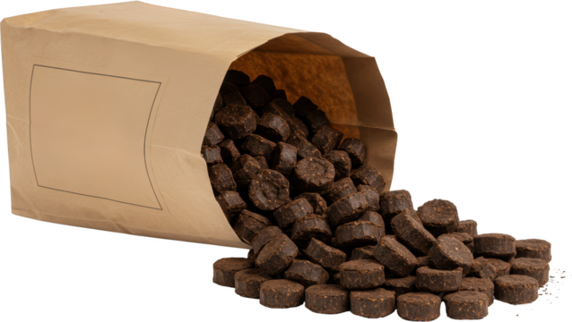 Brown Paper Bag of Dark Brown Compressed Peat Pellets Spilling Out