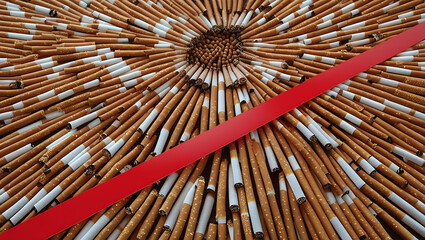 Photorealistic no smoking sign made from real cigarettes with red slash conveying anti-tobacco message