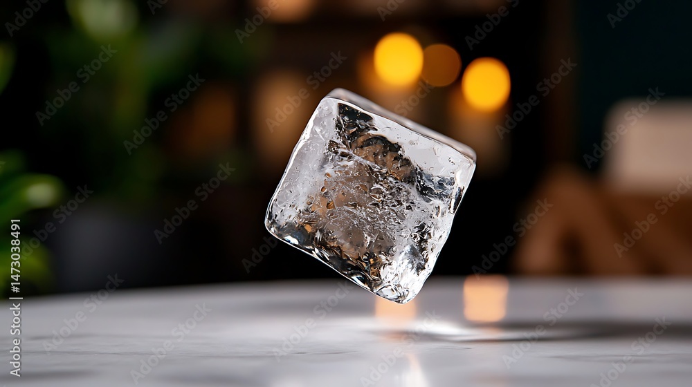 Poster floating transparent ice cube casting crisp shadow