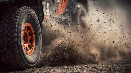 Dramatic close-up of a rally car tire generating a cloud of dirt and dust during a race.