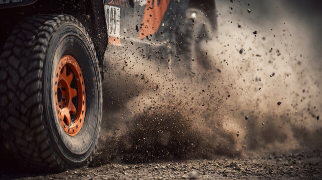 Dramatic close-up of a rally car tire generating a cloud of dirt and dust during a race.