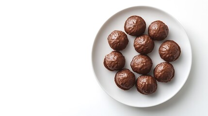 Obraz premium Brown Chocolate Covered Balls Arranged Neatly On White Plate with White Background