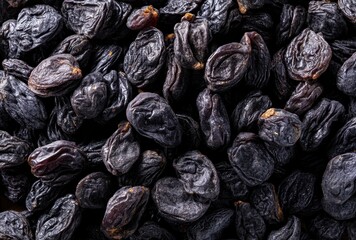 Close-up of dried black raisins showcasing rich texture and vibrant colors, perfect for culinary uses, healthy snacks, and baking recipes.
