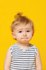Naklejka premium Young child in a striped shirt looks thoughtfully at the camera against a yellow backdrop. Adorable expression, child portrait, innocence