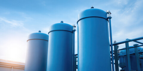 Obraz premium Large industrial tanks stand outdoors under a blue sky. Industrial storage and engineering concept