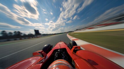 A striking view from the driver's perspective as a red Formula 1 car races on a track.