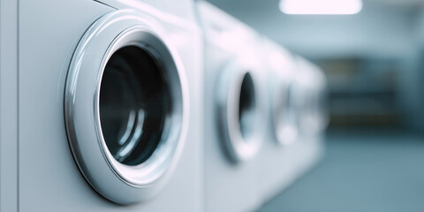 Row of washing machines in a laundromat with a soft focus background. Laundry, cleanliness, appliances