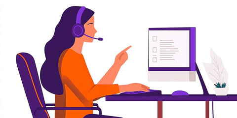 Woman working on computer in a call center or virtual office environment