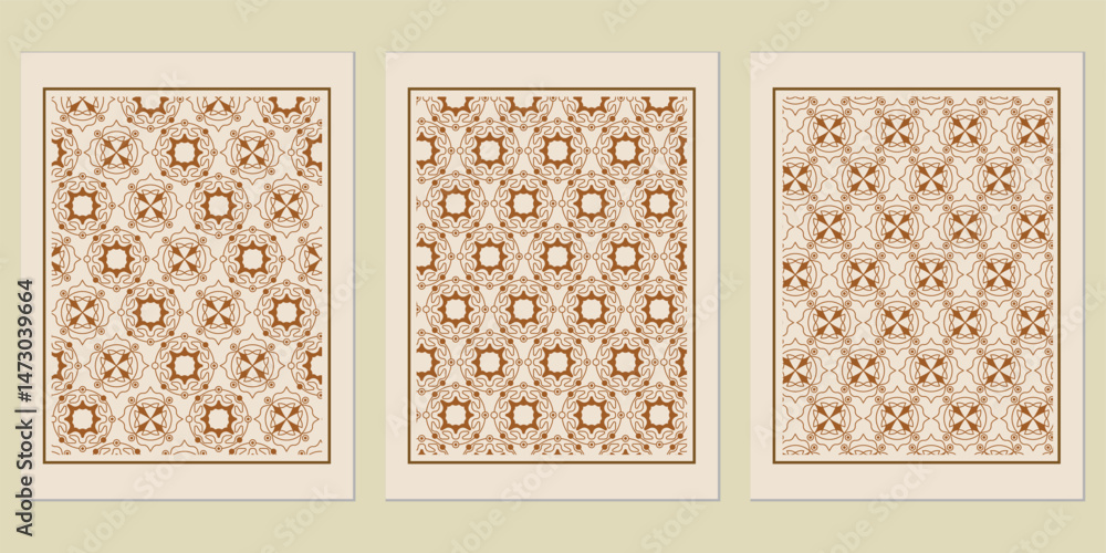 Poster three panels showcasing intricate geometric patterns, each a unique yet harmonious design echoing vi