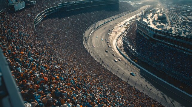 Exciting shot of a car race with a packed audience and the cars speeding along.