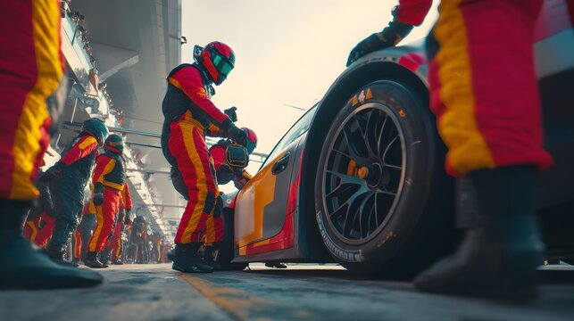 A race car pit crew in action, working to quickly service a vehicle during a competition.