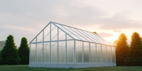 Obraz premium A greenhouse is situated on grass, surrounded by trees, with a sunrise in the background. Concept: sustainable agriculture and growth