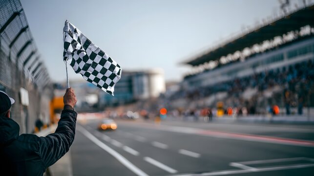 A race official waves the checkered flag at the finish line of a thrilling race event. - Powered by Adobe
