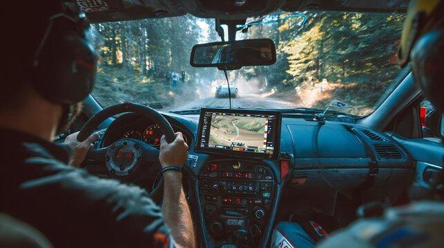 Inside view of a rally car racing through a forest road, the navigator monitoring the race.