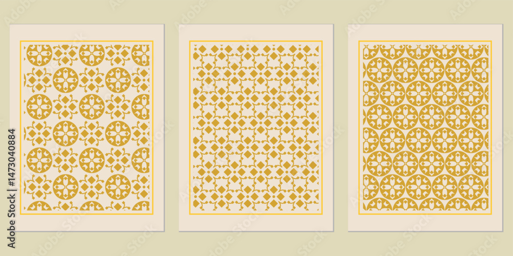 Poster elegant set of three abstract geometric patterns in gold on a light beige background perfect for tex