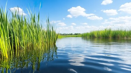 Peaceful summer lake scene with reeds and blue sky reflections