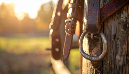 Leather harness with metal rings hangs on a weathered wooden post, bathed in golden light