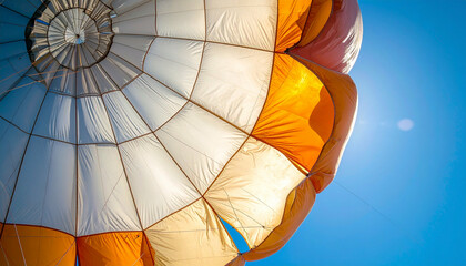 Obraz premium Parachute's upward perspective shows orange, white fabric, radial design, clear blue sky, and bright sunlight