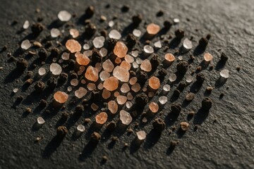 Black pepper and pink salt scattered on natural slate