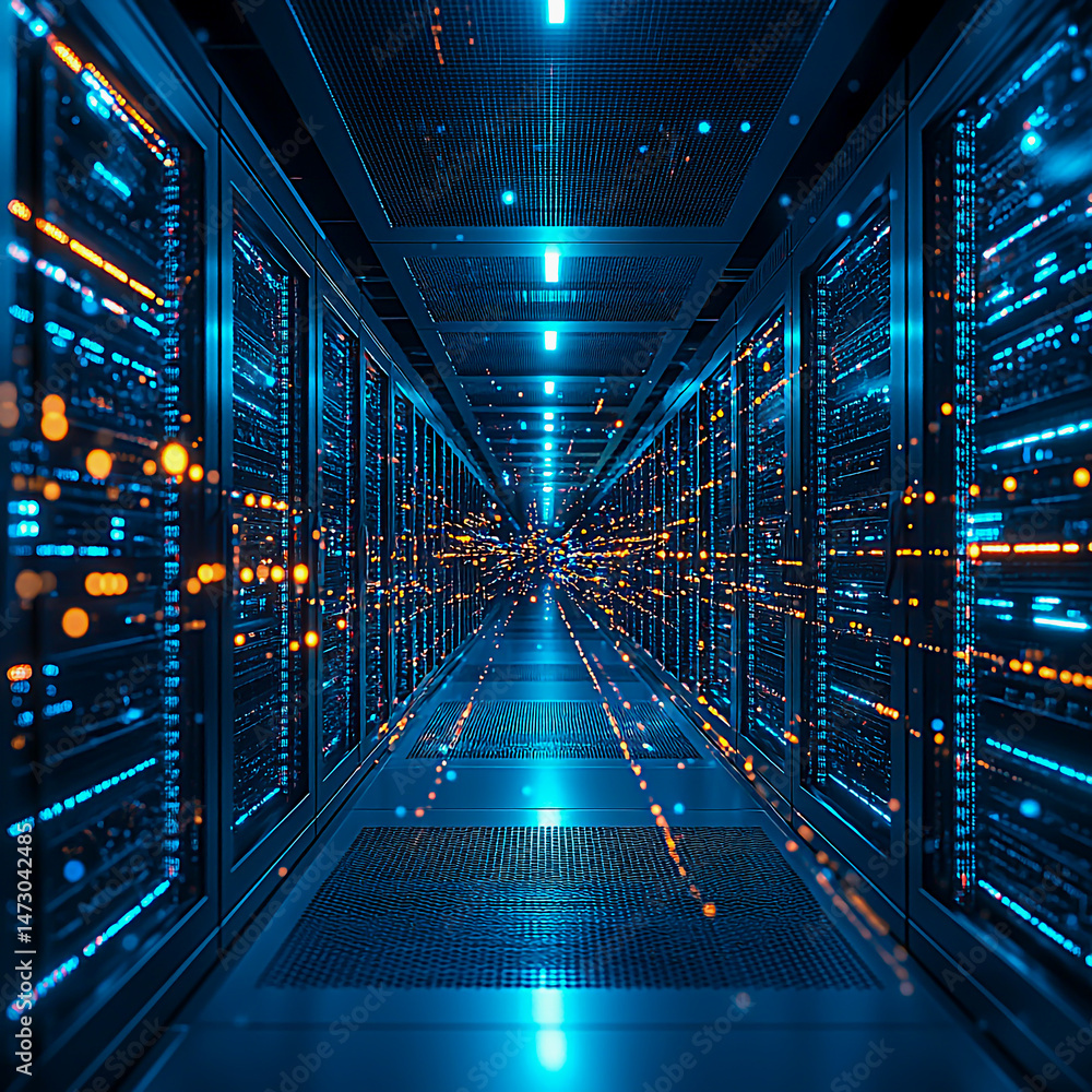 Poster a futuristic ai-powered supercomputer processing complex data at lightning speed