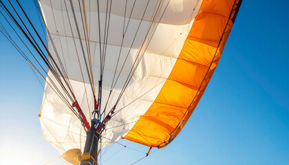 Upward view of parachute with white panels and orange accents, suspended against a clear blue sky