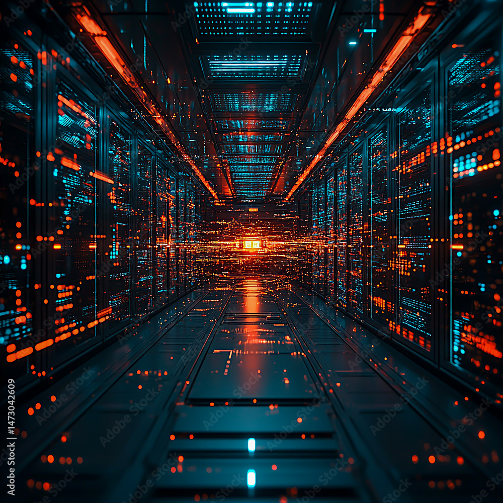 Poster a futuristic ai-powered supercomputer processing complex data at lightning speed