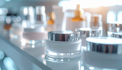 Cosmetic display featuring jars and bottles, showing beauty and skincare product on a luminous shelf