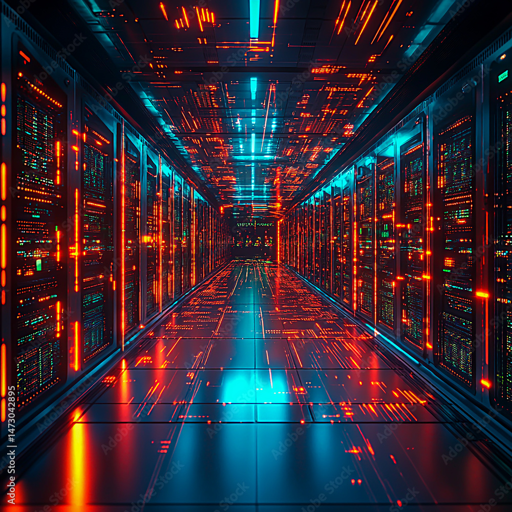 Poster a futuristic ai-powered supercomputer processing complex data at lightning speed