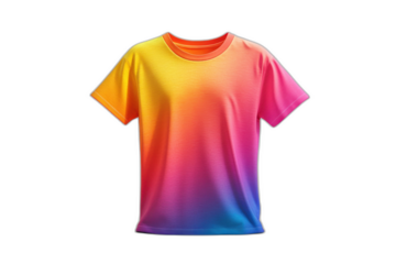 Rainbow-colored t-shirt with vibrant stripes, isolated on transparent background.