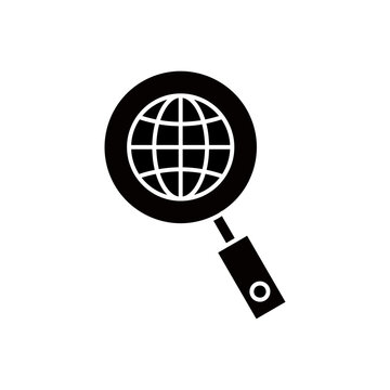 Globe within a Magnifying Glass Icon Black and White