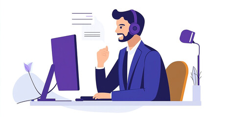Modern support service agent, wearing headset, assisting clients online