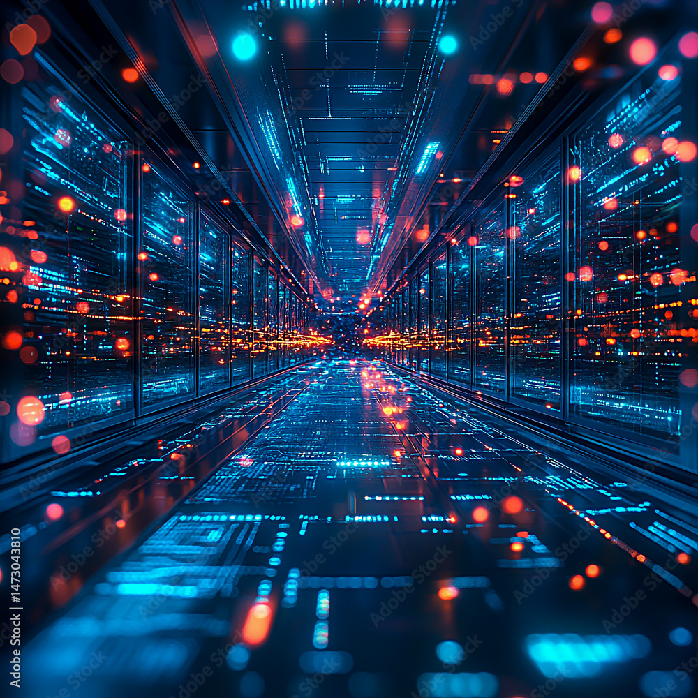 Poster a futuristic ai-powered supercomputer processing complex data at lightning speed