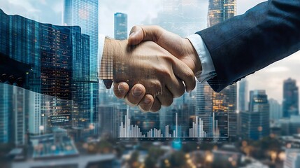 Stock photo concept: A double exposure image of a businessman shaking hands with a partner, skyscrapers and financial graphs in the background