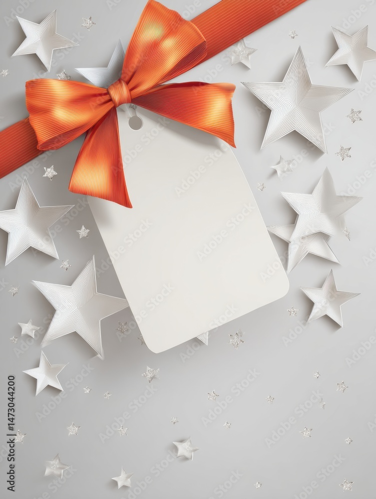 Poster decorative stars and tag with vibrant bow enhance festive atmosphere in light and shadow