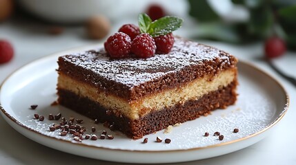 Layered Cake with Raspberries, Mint, and Icing Sugar on Plate, Culinary Sweet Treat