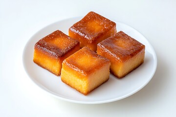 Delicious Four Square Cake Pieces on White Plate with a White Background