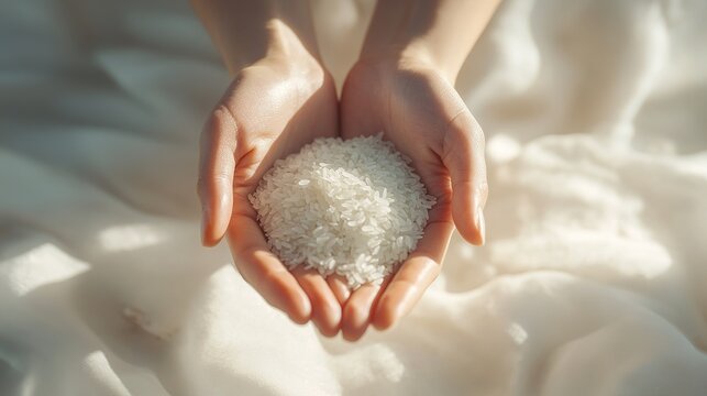 Macro cinematic image of white rice grains in cupped hade