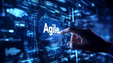 Hand touching a glowing Agile button on a digital interface