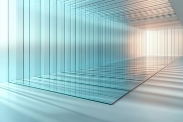 Obraz premium Abstract architectural space with repeating transparent glass panels creating a tunnel effect with soft blue and warm light at the end, evoking calm and infinity