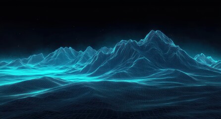 Digital blue wireframe landscape of mountainous terrain against a dark background evoking futuristic and virtual reality atmosphere