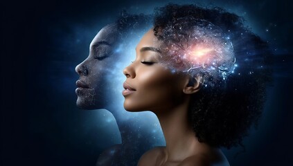 A beautiful Black woman with her eyes closed and an AI-generated head next to her, depicting the