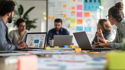 A dynamic workshop scene with a multicultural startup team working on laptops and sketching business ideas, surrounded by charts, sticky notes, and innovation tools. in modern digital art style