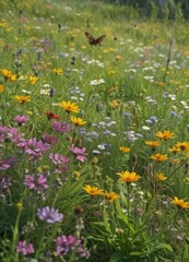 Vibrant summer meadow teeming with wildflowers and pollinating insects ,  outdoor,  macro,  stem
